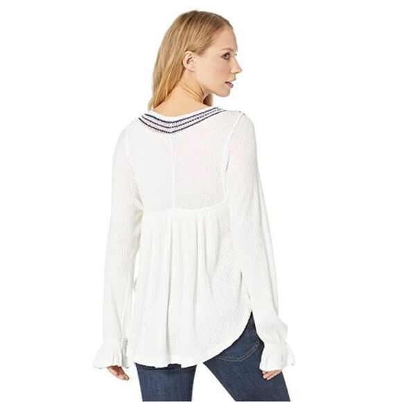 Free People Soul Mate Knit Hi-Lo Thermal Long Sleeve Top, Blue/White, Size Small - Picture 9 of 10